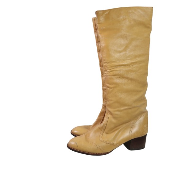 Vintage Shoes - Vintage 70s yellow tan leather slouchy knee high riding boots 8.5